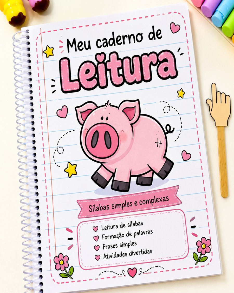 Caderno de leitura com capa do porquinho